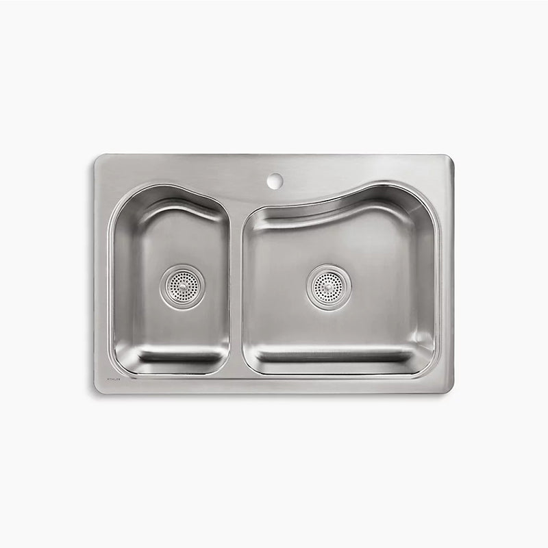 Staccato 22' x 33' x 8.31' Stainless Steel 40/60 Double-Basin Drop-In Kitchen Sink - 1 Faucet Hole