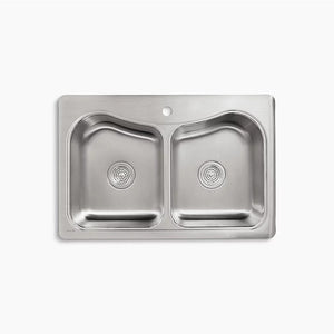 Staccato 22' x 33' x 8.31' Stainless Steel 50/50 Double-Basin Drop-In Kitchen Sink - 1 Faucet Hole