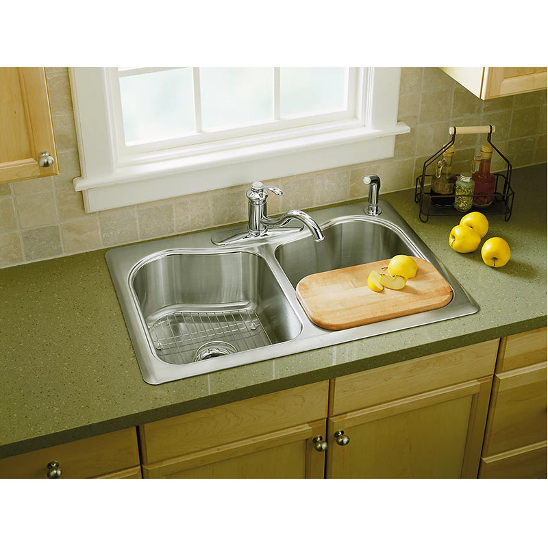 Staccato 22' x 33' x 8.31' Stainless Steel 50/50 Double-Basin Drop-In Kitchen Sink - 1 Faucet Hole
