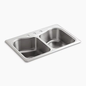 Staccato 22' x 33' x 8.31' Stainless Steel 50/50 Double-Basin Drop-In Kitchen Sink - 3 Faucet Holes