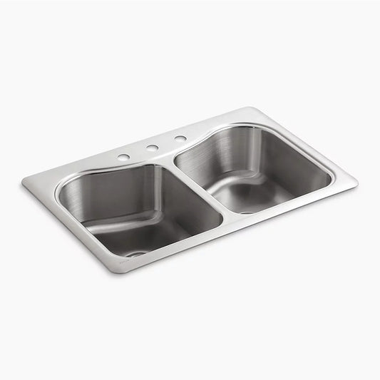 Staccato 22" x 33" x 8.31" Stainless Steel 50/50 Double-Basin Drop-In Kitchen Sink - 3 Faucet Holes