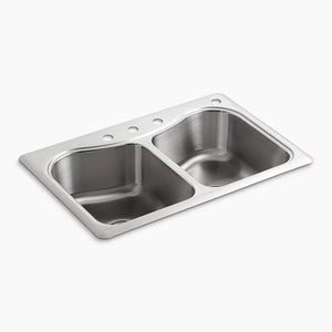 Staccato 22' x 33' x 8.31' Stainless Steel 50/50 Double-Basin Drop-In Kitchen Sink - 4 Faucet Holes