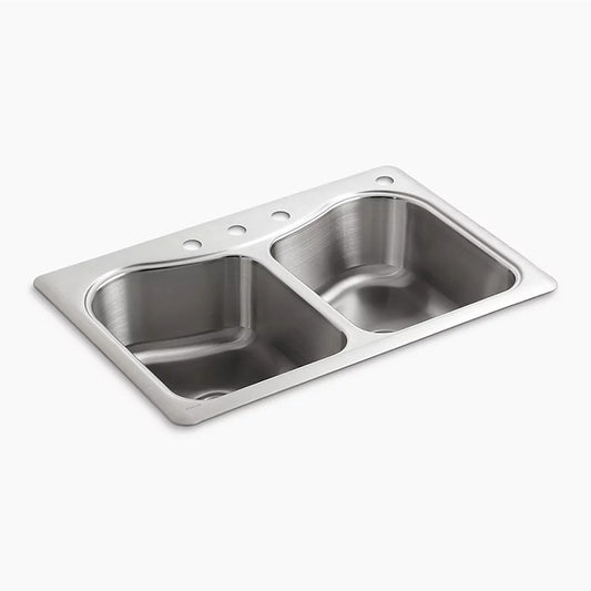 Staccato 22" x 33" x 8.31" Stainless Steel 50/50 Double-Basin Drop-In Kitchen Sink - 4 Faucet Holes