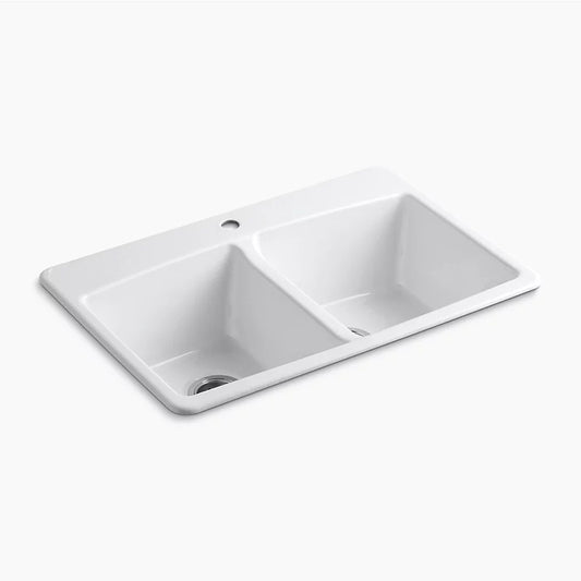 Brookfield 22" x 33" x 9.63" Enameled Cast Iron Double-Basin Drop-In Kitchen Sink in White - 1 Faucet Hole