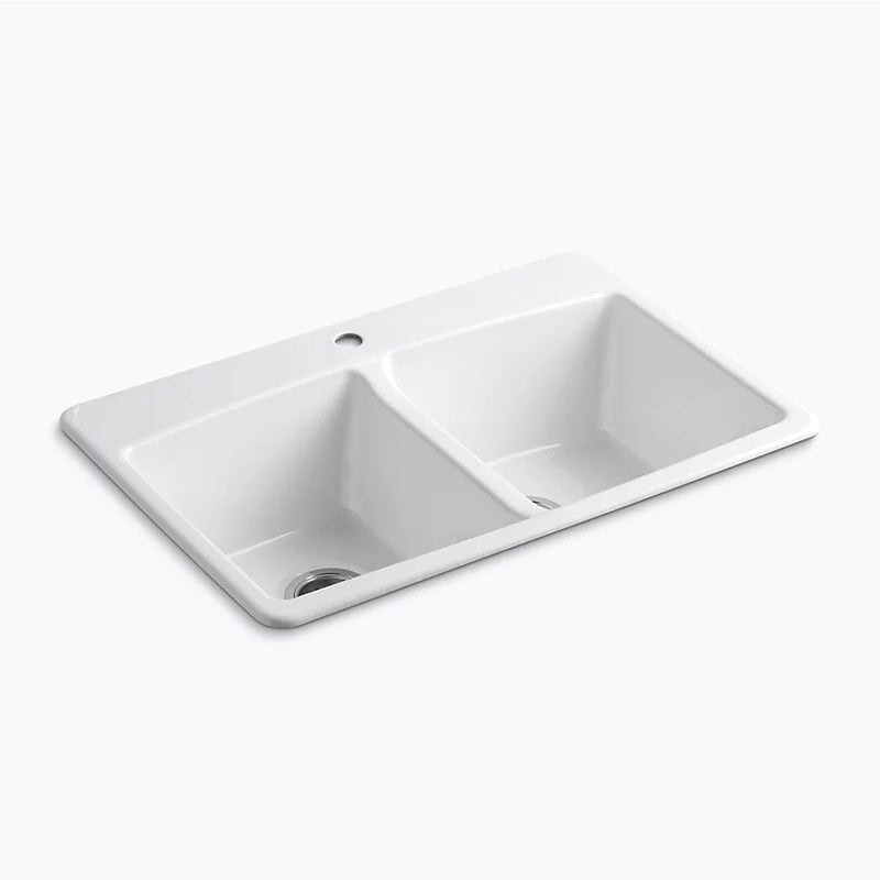 Brookfield 22' x 33' x 9.63' Enameled Cast Iron Double-Basin Drop-In Kitchen Sink in White - 1 Faucet Hole