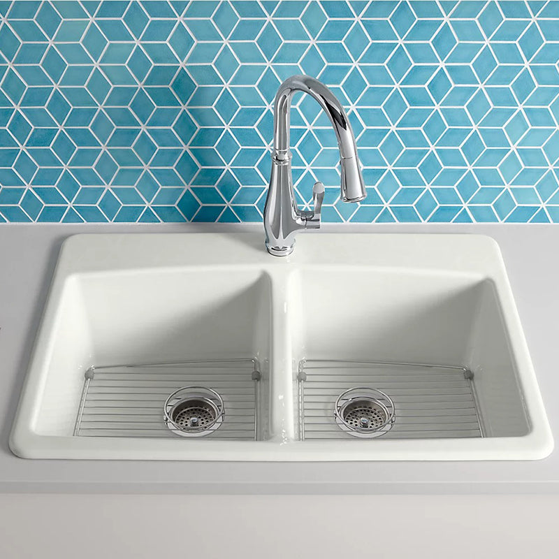 Brookfield 22' x 33' x 9.63' Enameled Cast Iron Double-Basin Drop-In Kitchen Sink in White - 1 Faucet Hole