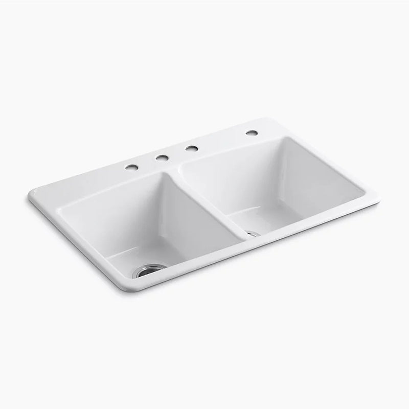 Brookfield 22' x 33' x 9.63' Enameled Cast Iron Double-Basin Drop-In Kitchen Sink in White - 4 Faucet Holes