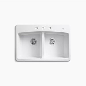 Brookfield 22' x 33' x 9.63' Enameled Cast Iron Double-Basin Drop-In Kitchen Sink in White - 4 Faucet Holes