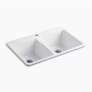 Deerfield 22' x 33' x 9.63' Enameled Cast Iron Double-Basin Drop-In Kitchen Sink in White - 1 Faucet Hole