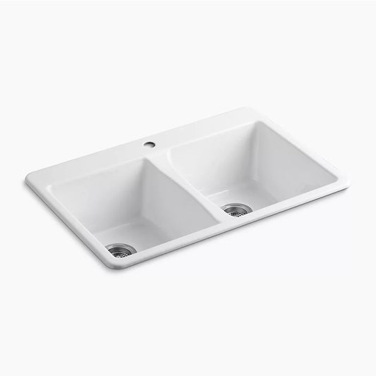 Deerfield 22" x 33" x 9.63" Enameled Cast Iron Double-Basin Drop-In Kitchen Sink in White - 1 Faucet Hole