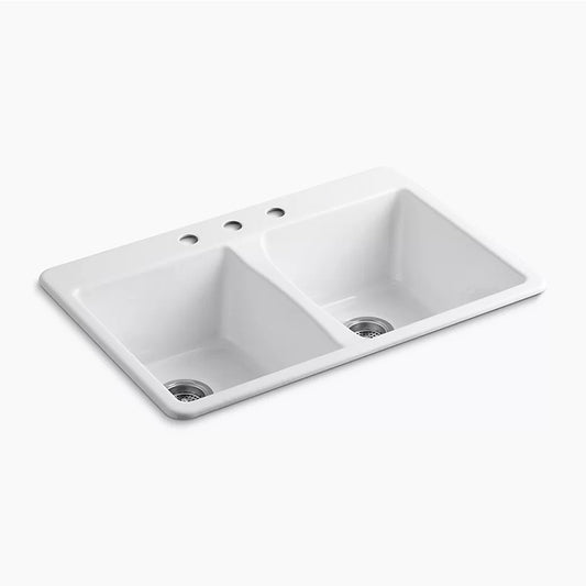 Deerfield 22" x 33" x 9.63" Enameled Cast Iron Double-Basin Drop-In Kitchen Sink in White - 3 Faucet Holes