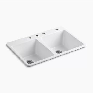 Deerfield 22' x 33' x 9.63' Enameled Cast Iron Double-Basin Drop-In Kitchen Sink in White - 4 Faucet Holes