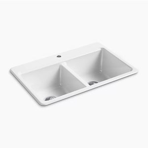 Riverby 22' x 33' x 9.63' Enameled Cast Iron 50/50 Double-Basin Drop-In Kitchen Sink in White - 1 Faucet Hole