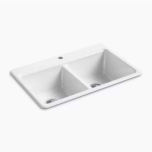 Riverby 22" x 33" x 9.63" Enameled Cast Iron 50/50 Double-Basin Drop-In Kitchen Sink in White - 1 Faucet Hole