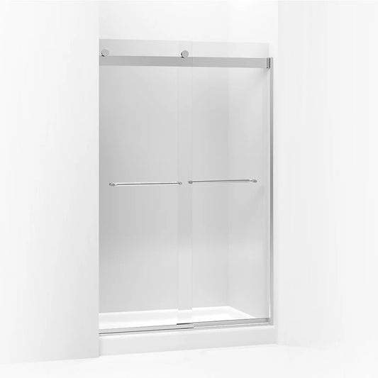 Levity 74" Clear Glass Sliding Shower Door in Bright Silver with Towel Bar Handle