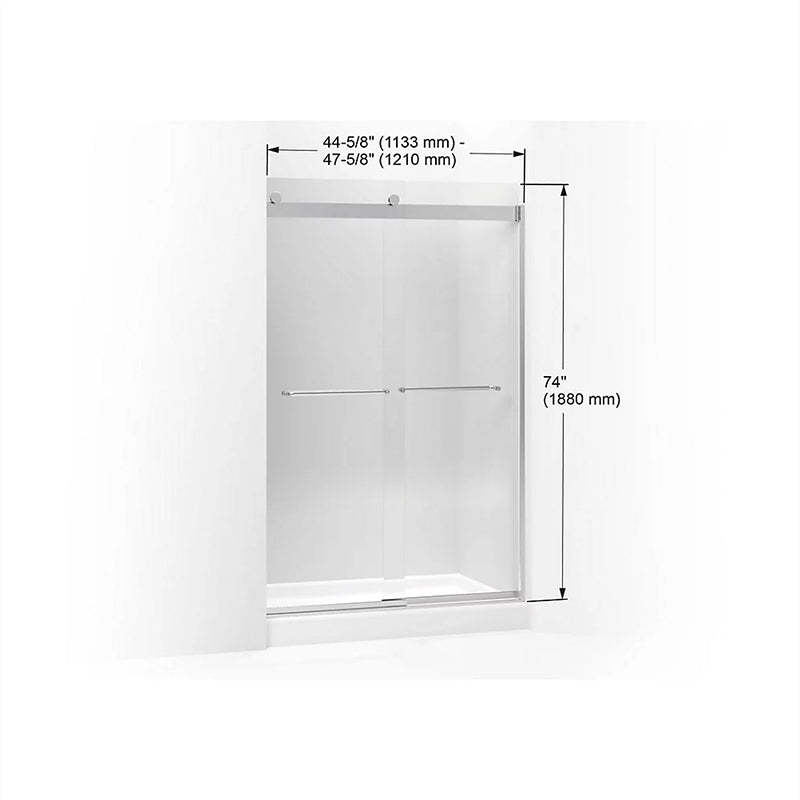 Levity 74' Clear Glass Sliding Shower Door in Bright Silver with Towel Bar Handle