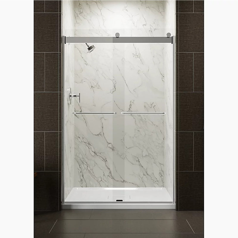 Levity 74' Clear Glass Sliding Shower Door in Bright Silver with Towel Bar Handle