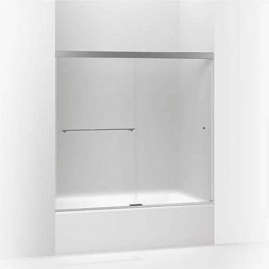 Revel 55.5" Frosted Glass Sliding Bath Door in Bright Polished Silver