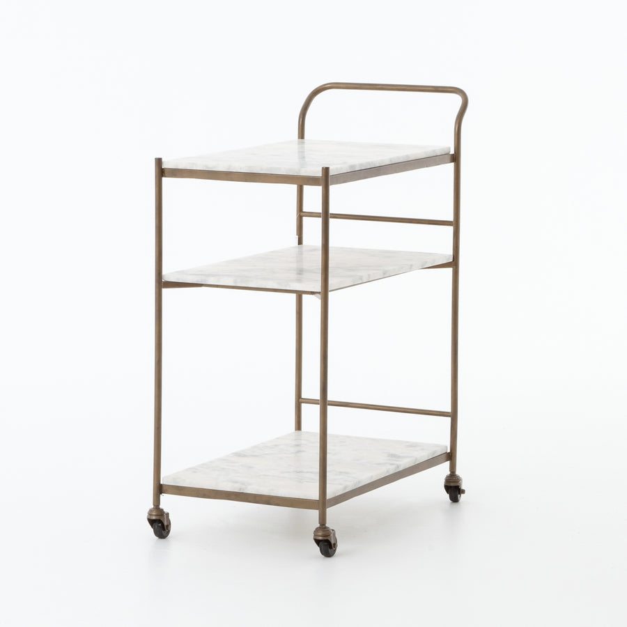Marlow Bar Cart in Antique Brass & White Marble (30' x 16' x 34.25')