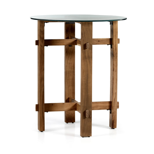 Truett Bar Height Table in Rustic Tan Acacia & Tempered Glass (36" x 36" x 43")