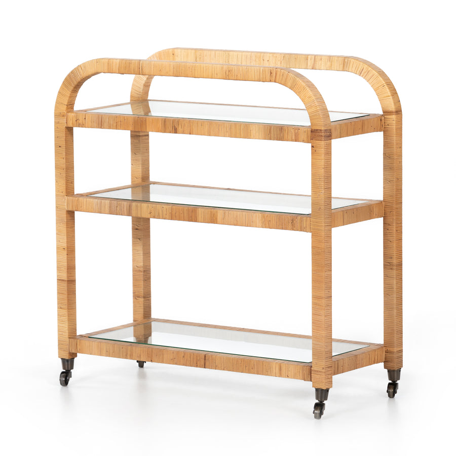 Grass Roots Bar Cart in Wrapped Honey Rattan & Tempered Glass (33' x 14' x 33.5')