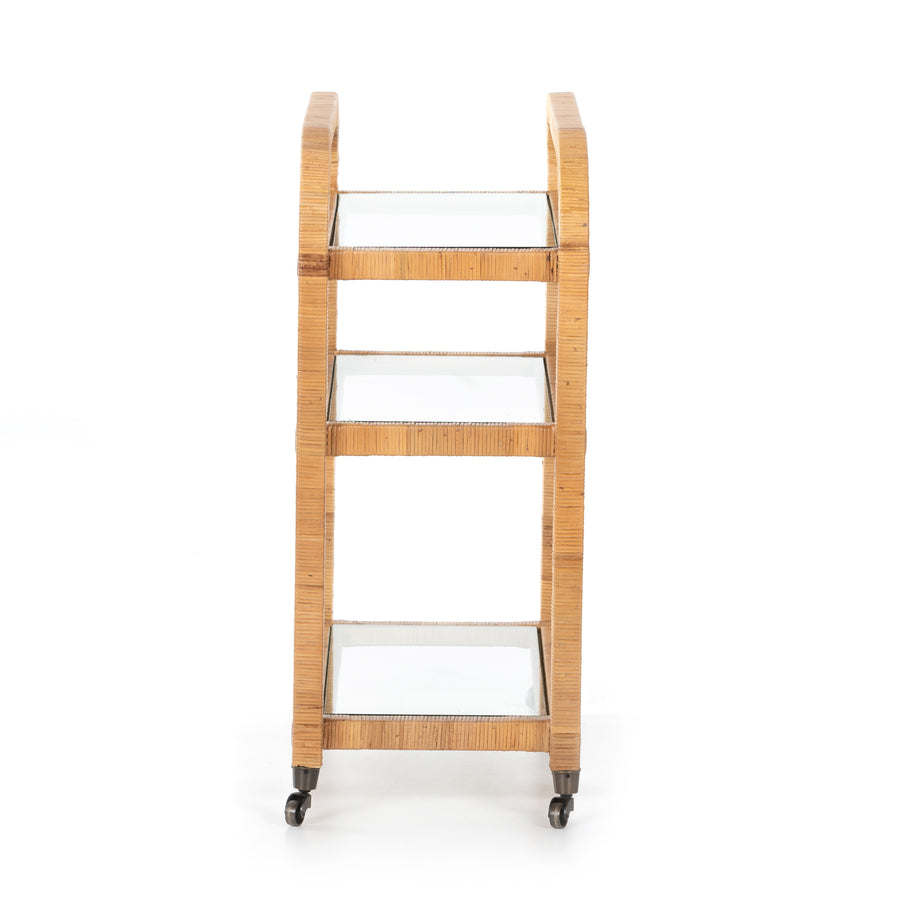 Grass Roots Bar Cart in Wrapped Honey Rattan & Tempered Glass (33' x 14' x 33.5')