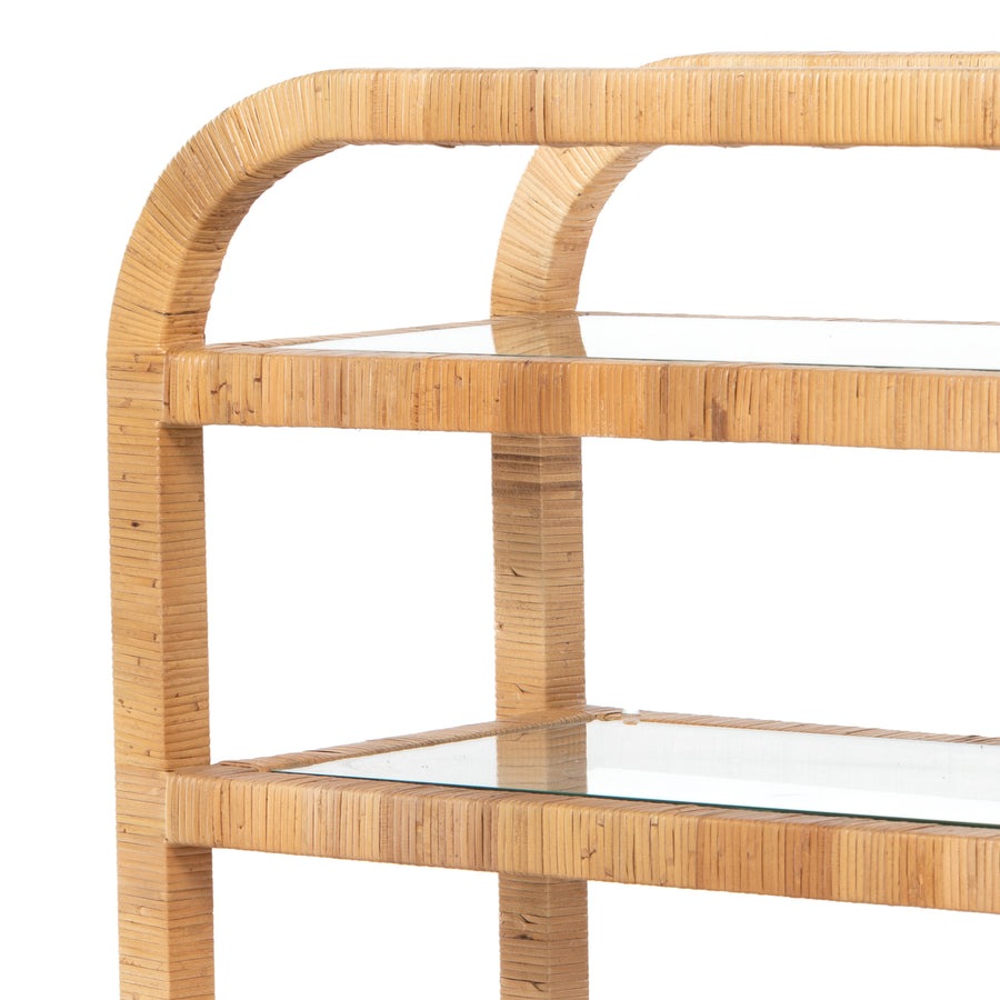 Grass Roots Bar Cart in Wrapped Honey Rattan & Tempered Glass (33' x 14' x 33.5')