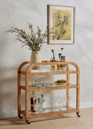 Grass Roots Bar Cart in Wrapped Honey Rattan & Tempered Glass (33' x 14' x 33.5')