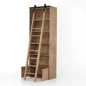 Haiden Bookcase with Ladder in Smoked Pine & Black Iron (35.5' x 17.5' x 98')