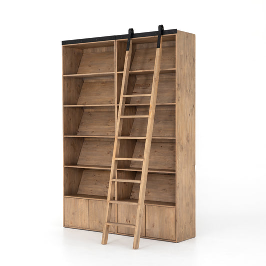 Haiden Double Bookcase with Ladder in Smoked Pine & Black Iron (71" x 17.5" x 98")