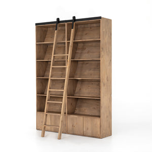 Haiden Double Bookcase with Ladder in Smoked Pine & Black Iron (71' x 17.5' x 98')