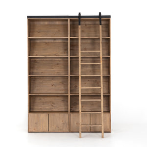 Haiden Double Bookcase with Ladder in Smoked Pine & Black Iron (71' x 17.5' x 98')