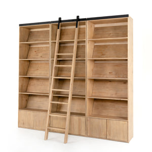 Haiden Triple Bookcase with Ladder in Smoked Pine & Black Iron (106.5' x 17.5' x 98')