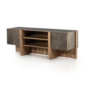 Wesson Media Console in Black Plywood & Distressed Iron (73.75' x 19.75' x 26')