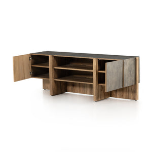 Wesson Media Console in Black Plywood & Distressed Iron (73.75' x 19.75' x 26')
