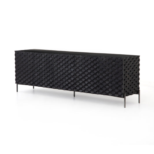 Fallon Media Console in Aged Iron & Carved Black Wash (82" x 18.25" x 27.25")
