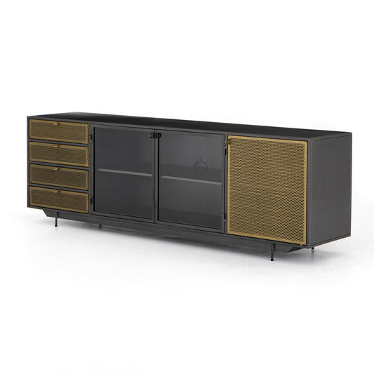 Rockwell Media Console in Perforated Brass Patina & Clear Glass (83" x 18" x 28")
