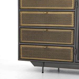 Rockwell Media Console in Perforated Brass Patina & Clear Glass (83' x 18' x 28')