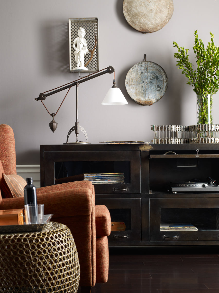Rockwell Media Console in Antique Iron & Natural Antique (64' x 15' x 34')