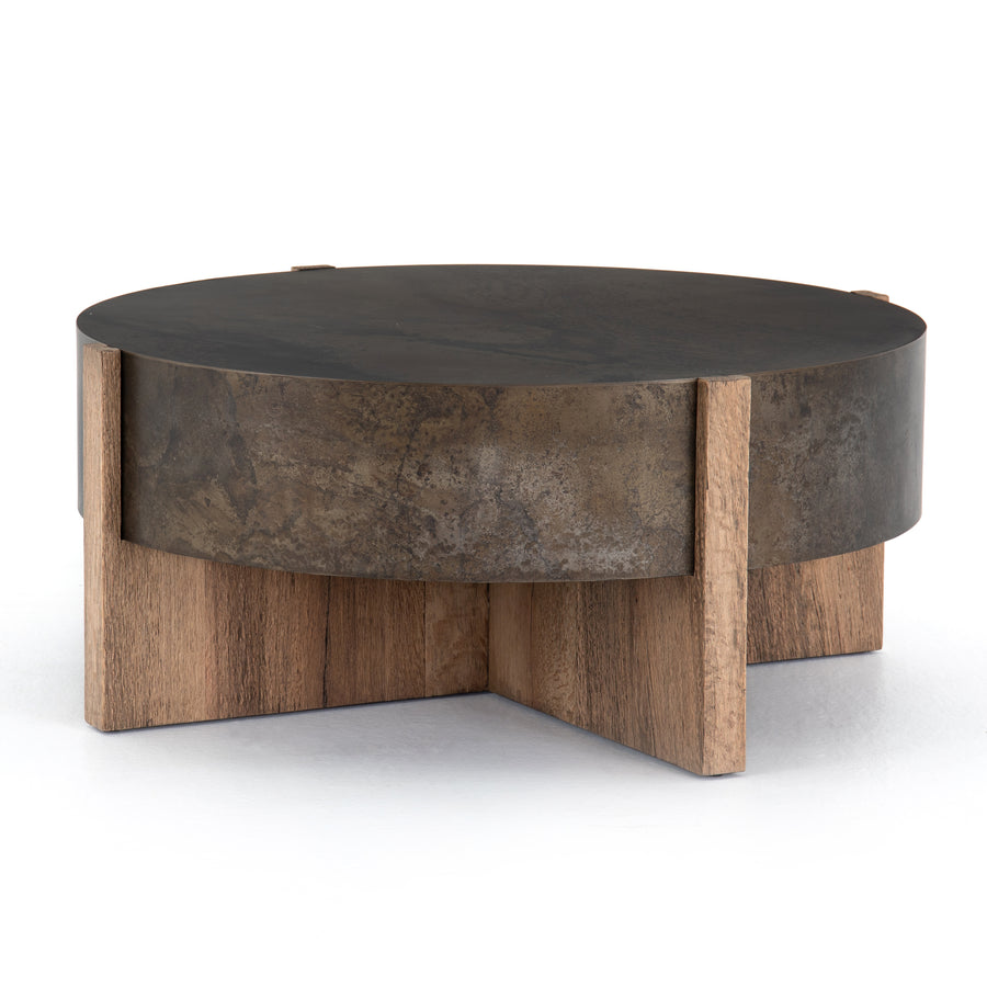 Wesson Coffee Table in Rustic Oak Veneer & Distressed Iron (41.5' x 41.5' x 17.75')