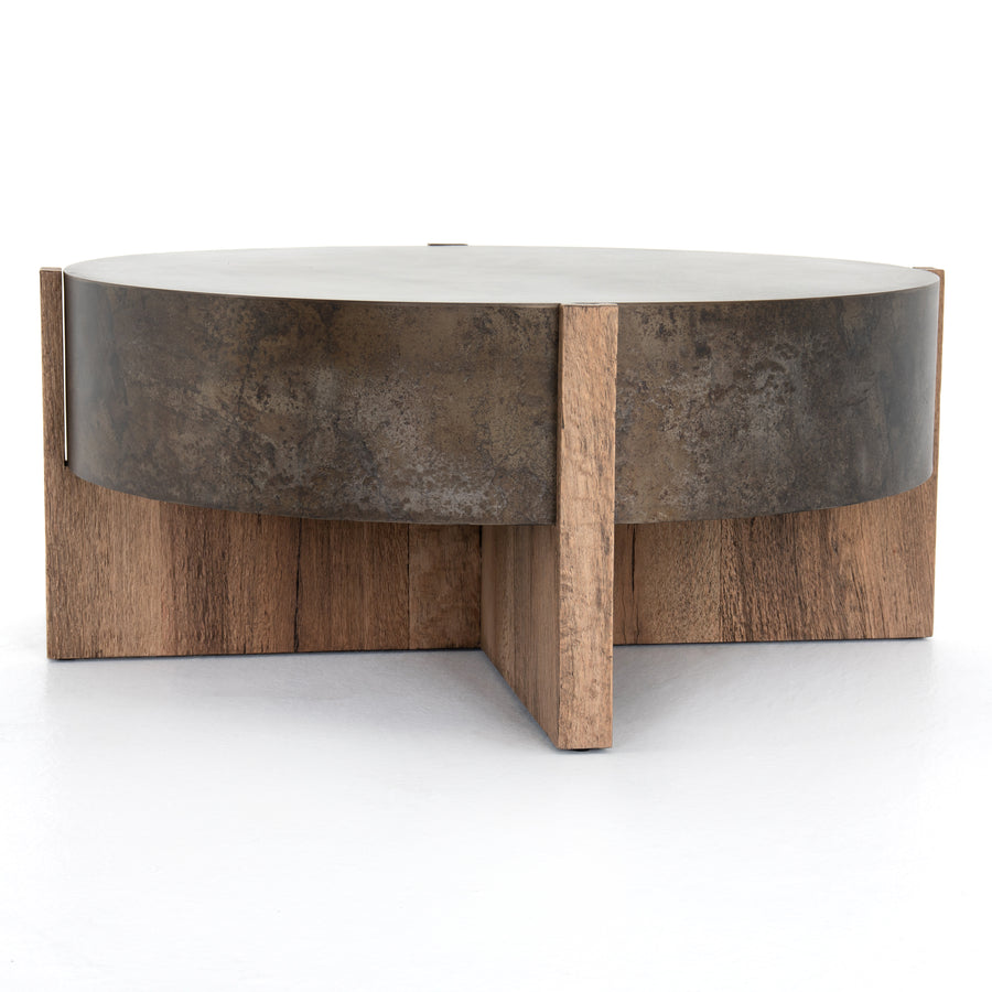Wesson Coffee Table in Rustic Oak Veneer & Distressed Iron (41.5' x 41.5' x 17.75')