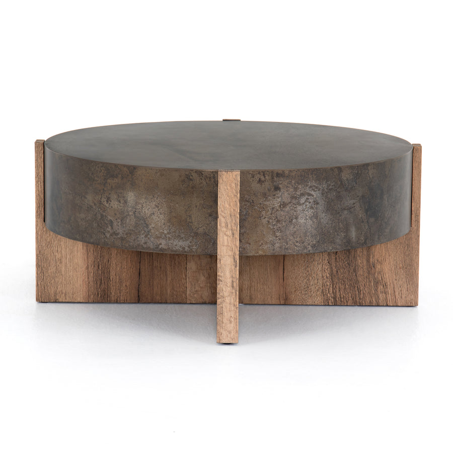 Wesson Coffee Table in Rustic Oak Veneer & Distressed Iron (41.5' x 41.5' x 17.75')