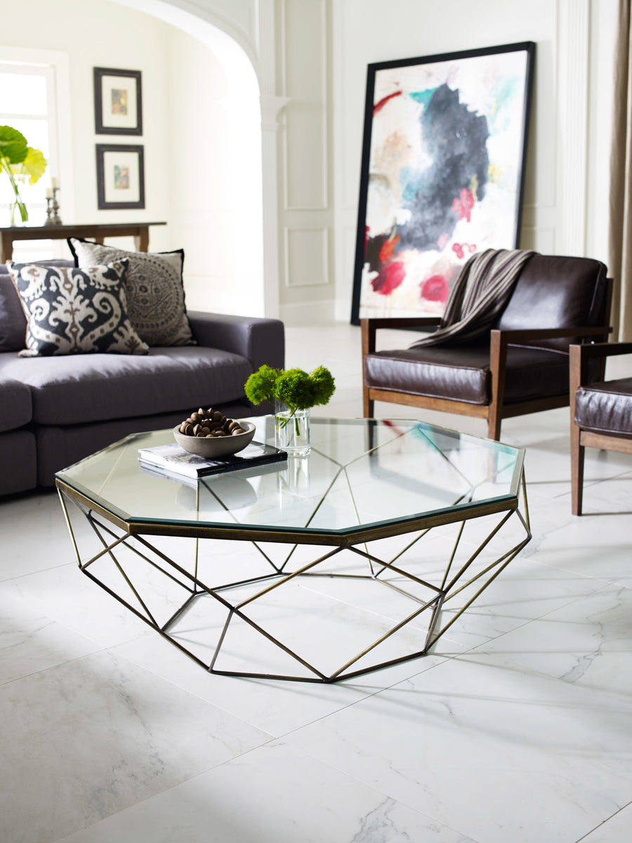 Marlow Coffee Table in Antique Brass & Tempered Glass (44' x 40.75' x 15.5')