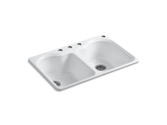 Hartland 35.25" x 23.88" x 12.5" Enameled Cast Iron Double Basin Drop-In Kitchen Sink in White - 4 Faucet Holes