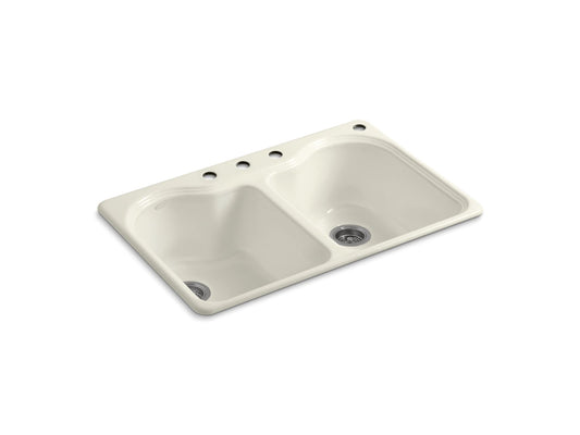 Hartland 35.25" x 23.88" x 12.5" Enameled Cast Iron Double Basin Drop-In Kitchen Sink in Biscuit - 4 Faucet Holes