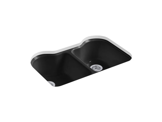 Hartland 35.25" x 23.88" x 12.5" Enameled Cast Iron Double Basin Undermount Kitchen Sink in Black Black