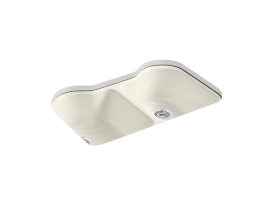 Hartland 35.25" x 23.88" x 12.5" Enameled Cast Iron Double Basin Undermount Kitchen Sink in Biscuit