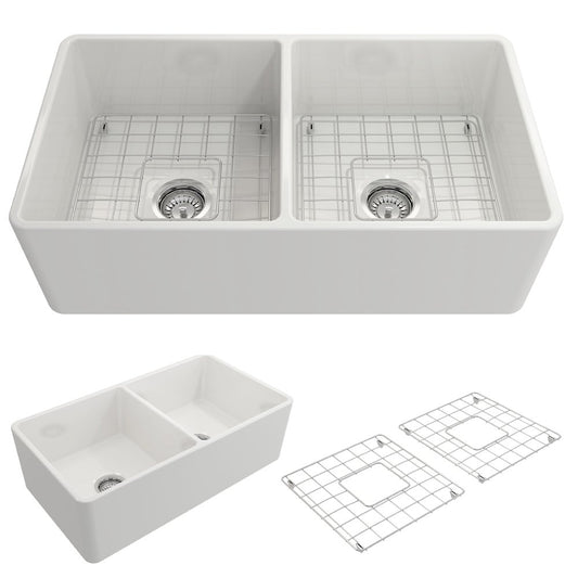 Classico 33" x 18" x 10" Double-Basin Farmhouse Apron Front Kitchen Sink in White