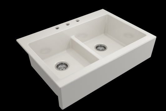 Nuova 34" x 24" x 10" Double-Basin Farmhouse Apron Front Kitchen Sink in Biscuit