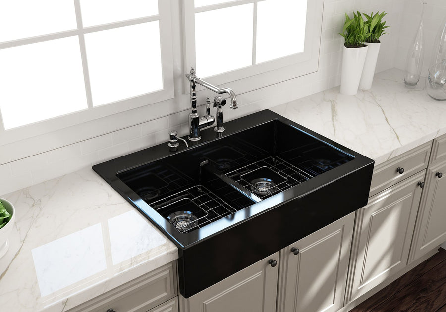 Nuova 34' x 24' x 10' Double-Basin Farmhouse Apron Front Kitchen Sink in Black